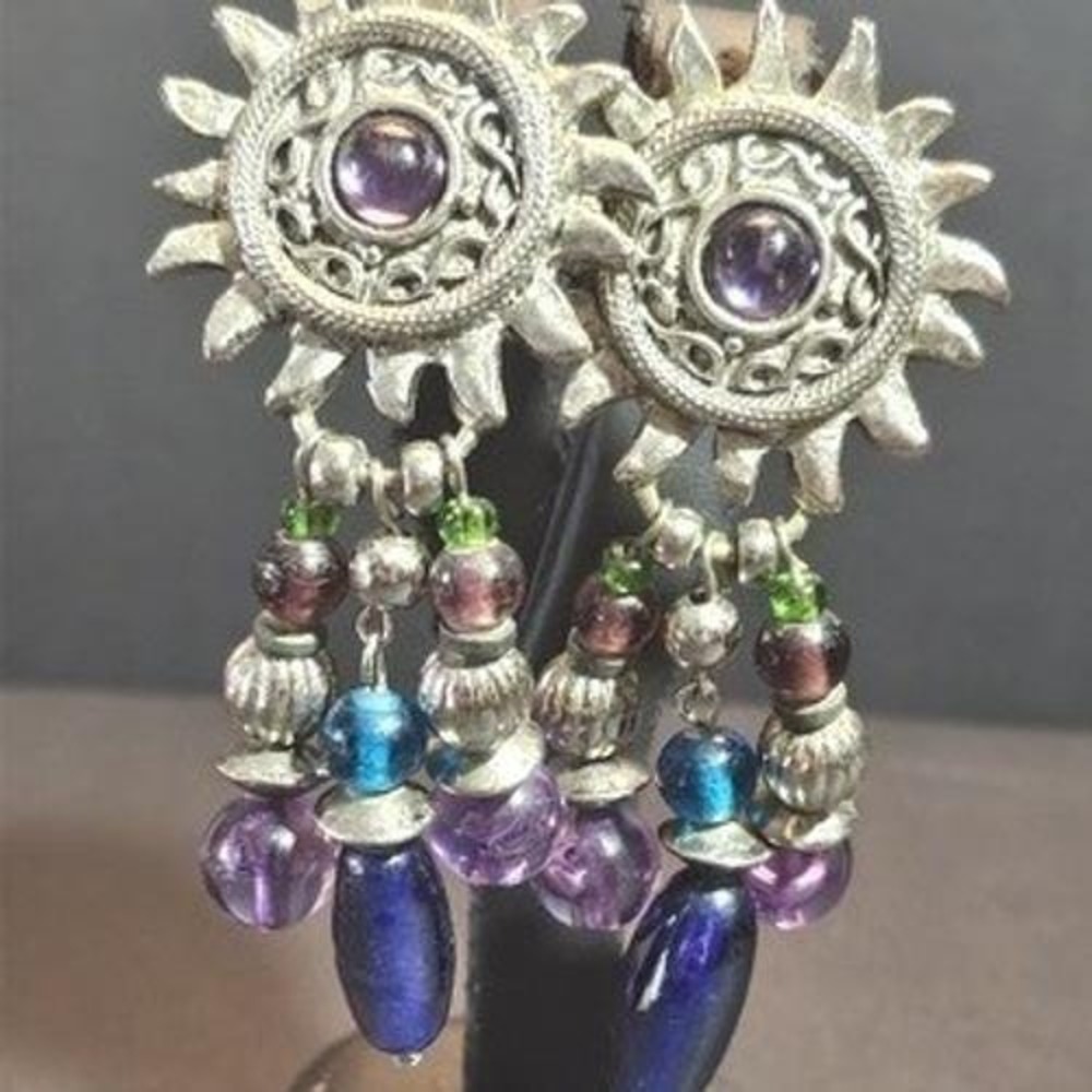 Vintage Sunburst Celestial Clip On Earrings Purple Blue Glass Bead Dangle Silver